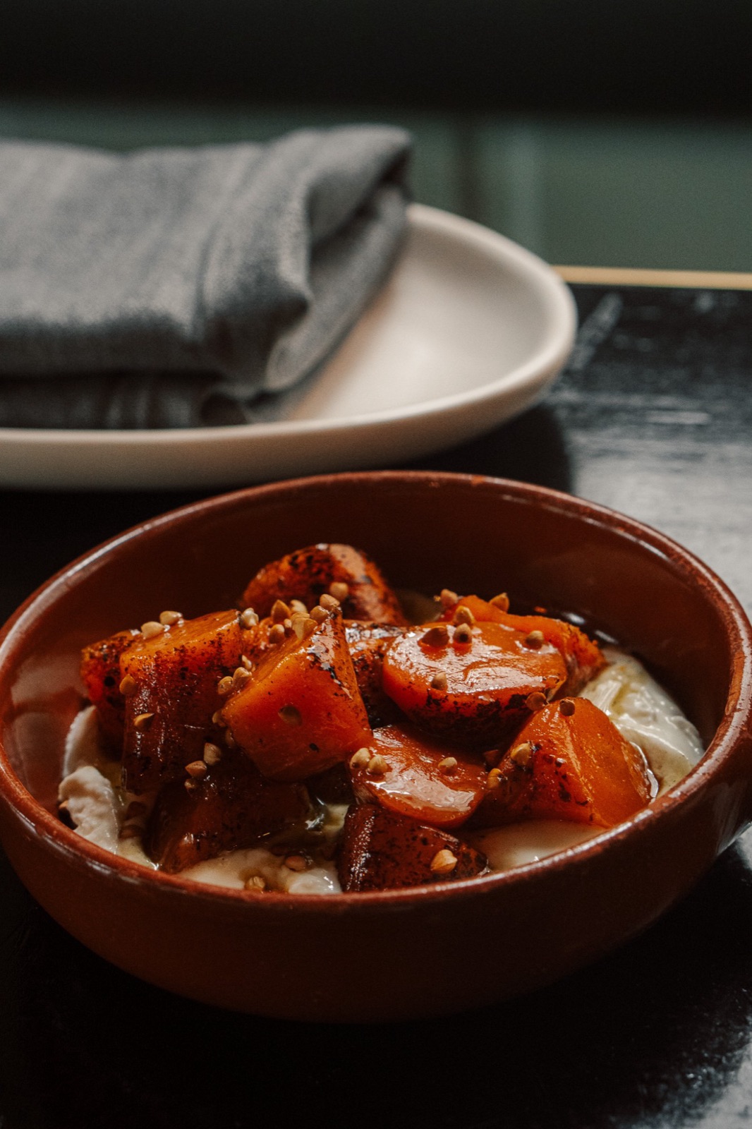 Roast carrots, honey, goat's cheese mousse, buckwheat.